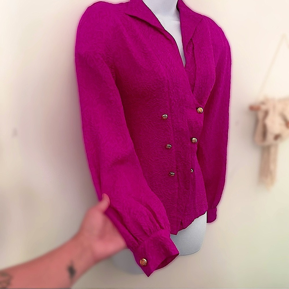 Vintage Silk Hot Pink Button-Up Statement Shoulder Barbiecore Long Sleeve Blouse - Picture 2 of 14